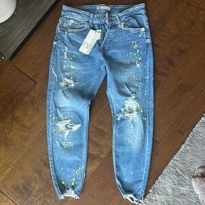 Zara Distressed Blue Jeans with Paint Splatter
